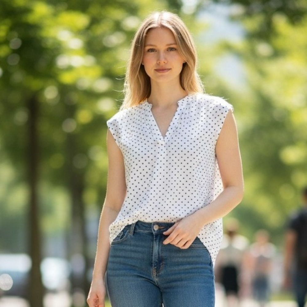 Soho Jeans Polka Dot Blouse Womens XS White Black‎ V-Neck Cap Sleeve Top